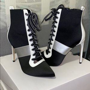 Black and white stiletto booties